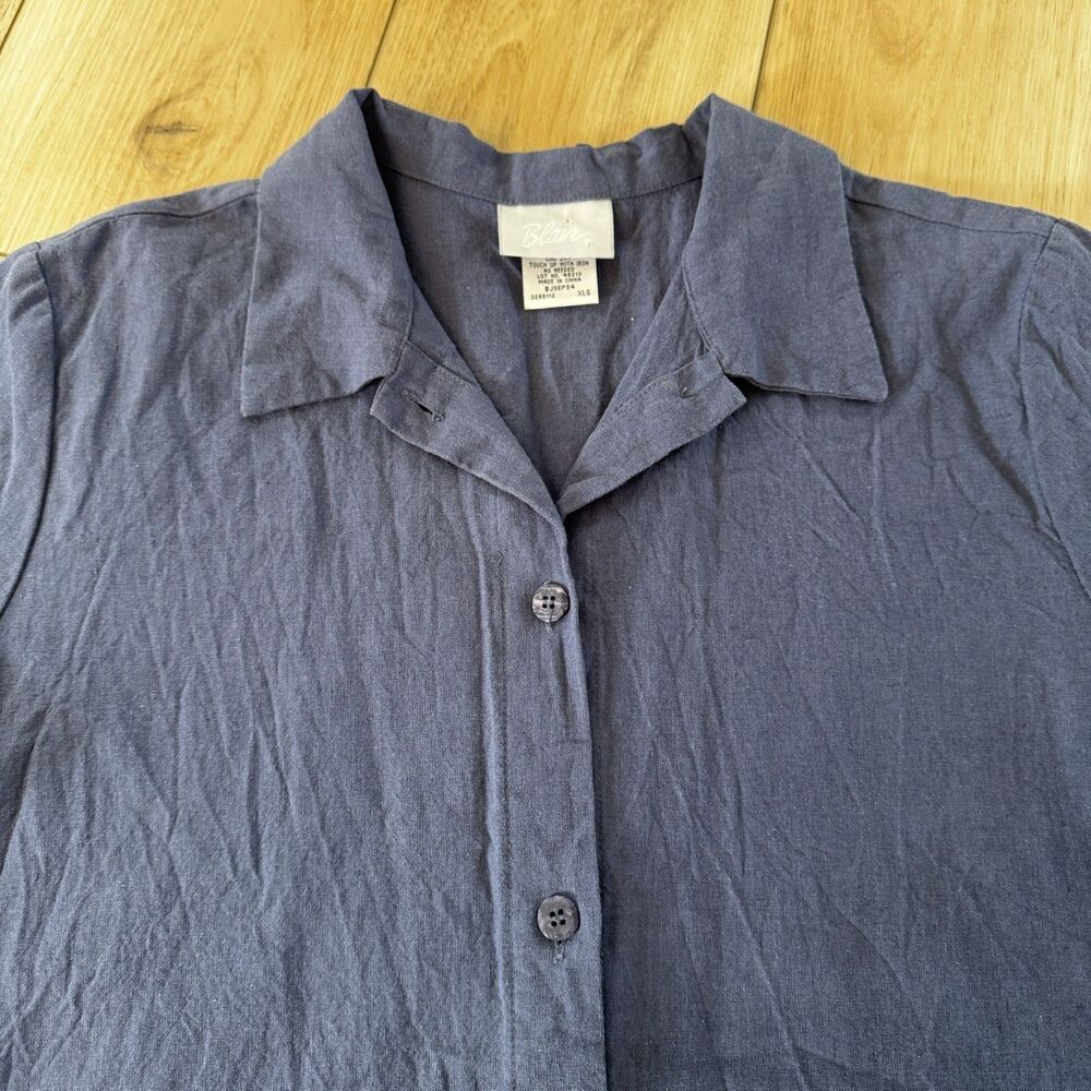 Blair XL Linen Cotton Dusty Blue Button Front Short Sleeve Top Beach Casual - Picture 8 of 15